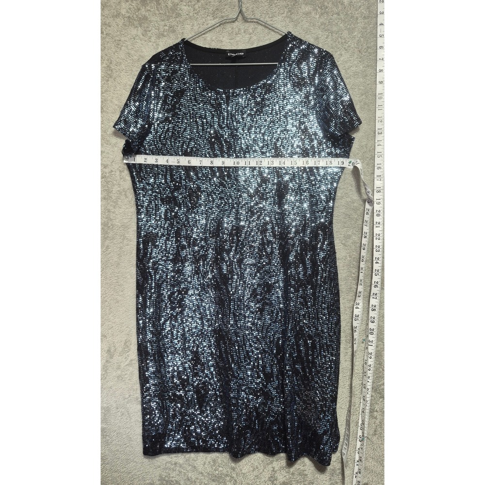 Bebe Women Blue Black Sequin Short Sleeve Shift Cocktail Dress XL Made in USA - Picture 5 of 6